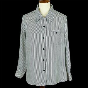 Vtg T.R. Bentley Striped Top Sz M Silky Olive Green Minimalist Office Neutral